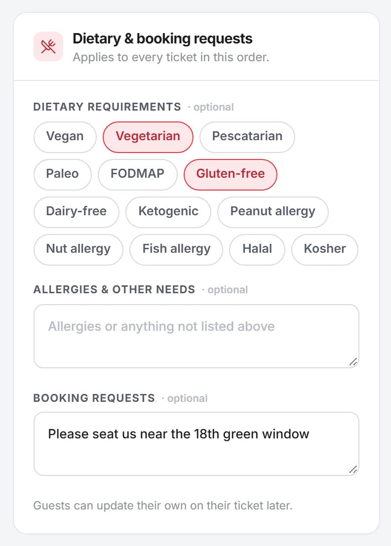 Dietary and booking requests: vegetarian and gluten free selected, and the booking request: please seat us near the 18th green window.