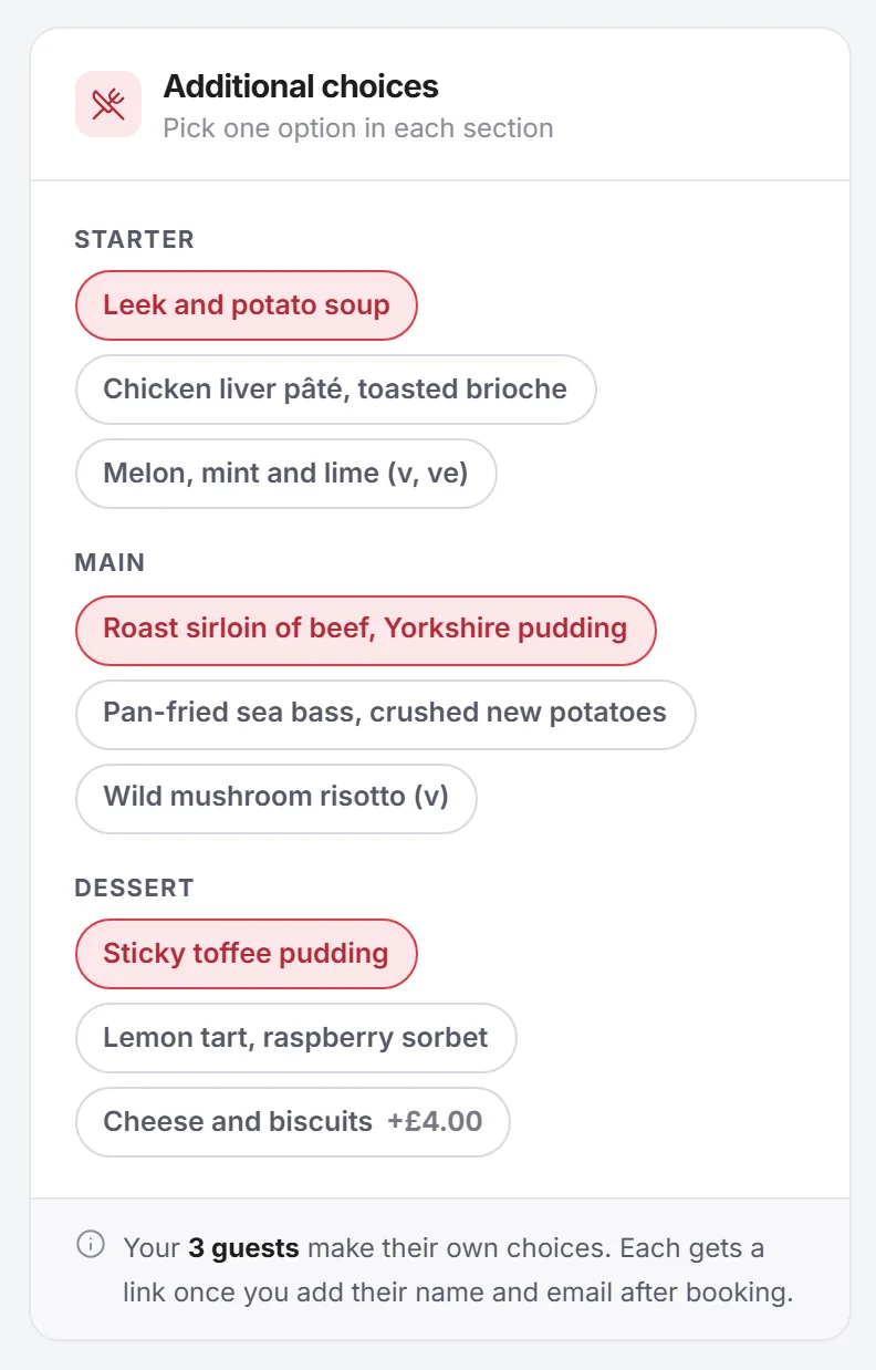 Dinner choices at booking: leek and potato soup, roast sirloin of beef with Yorkshire pudding and sticky toffee pudding picked, with cheese and biscuits as a four pound supplement.